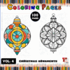 A colorful graphic featuring the title 'Christmas Ornaments Coloring Pages' at the top and bottom, with 'Vol. 4' prominently displayed. It showcases two outlined Christmas ornament designs in the center, one featuring bright colors and the other in a black and white intricate pattern, with a background of colored pencils.