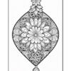 A detailed black and white mandala-style coloring page featuring elaborate floral designs, symmetrical patterns, and a pointed bottom, all contained within an ornate shape.