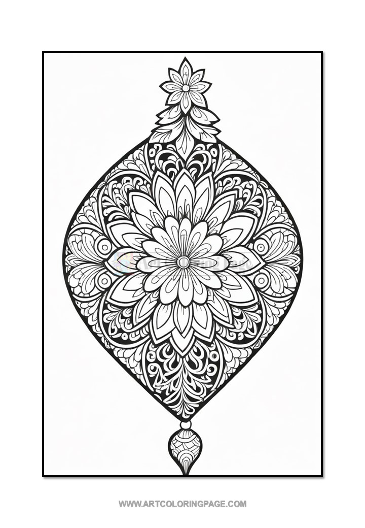 A detailed black and white mandala-style coloring page featuring elaborate floral designs, symmetrical patterns, and a pointed bottom, all contained within an ornate shape.