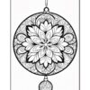 A black and white mandala coloring page featuring an intricate, round design with a flower pattern in the center and decorative swirls surrounding it, hanging from a loop with a smaller ornamental shape below it.