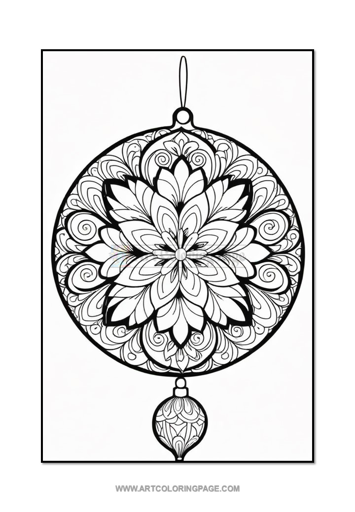 A black and white mandala coloring page featuring an intricate, round design with a flower pattern in the center and decorative swirls surrounding it, hanging from a loop with a smaller ornamental shape below it.