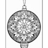 A detailed black and white illustration of a round ornament featuring intricate floral patterns and decorative elements, suitable for coloring.