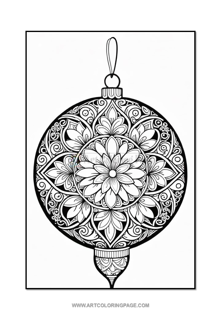A detailed black and white illustration of a round ornament featuring intricate floral patterns and decorative elements, suitable for coloring.