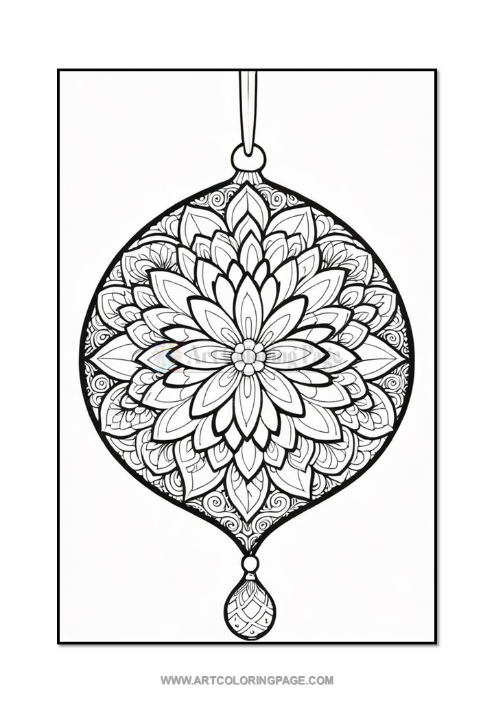 A decorative mandala ornament featuring intricate floral patterns and a teardrop shape at the bottom, outlined in black on a white background.