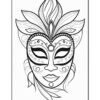 A stylized black and white drawing of a mask with intricate patterns, including curved lines and dots, framed by decorative leaves, showcasing a serene face with closed eyes and a subtle smile.
