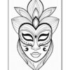 A stylized black and white illustration of a mask with intricate designs, featuring decorative floral elements and patterns around the face, suitable for coloring.