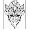 A black and white illustration of a stylized mask with floral and swirling designs, highlighted by symmetrical elements and a pointed crown-like feature at the top.