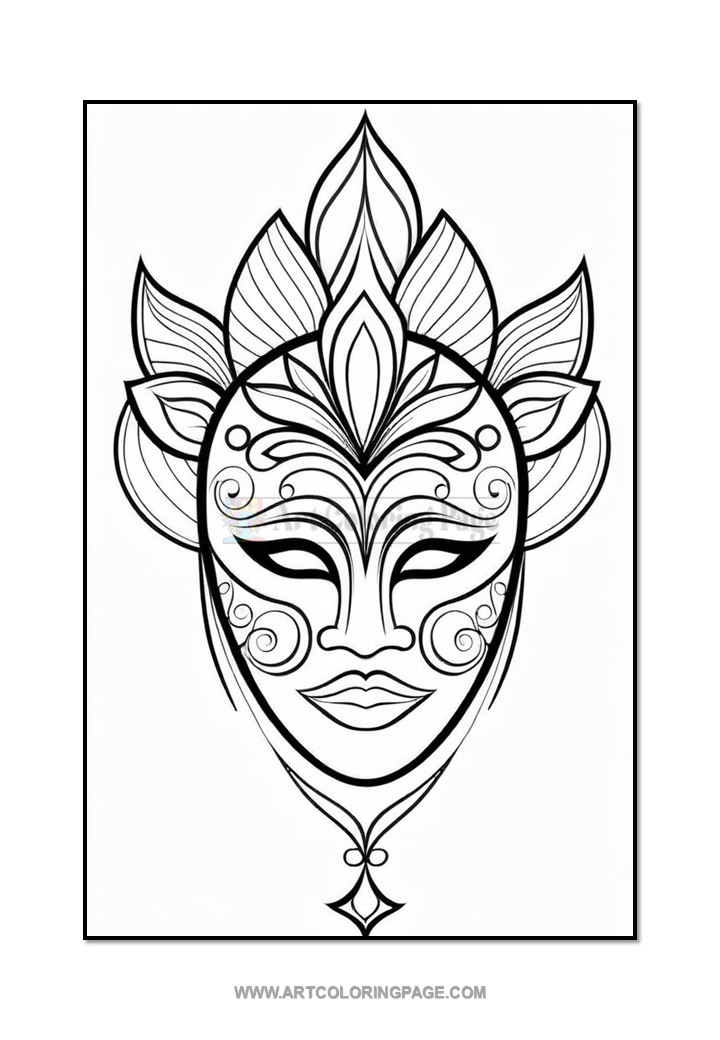 A black and white illustration of a stylized mask with floral and swirling designs, highlighted by symmetrical elements and a pointed crown-like feature at the top.