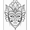 A detailed black and white illustration of a stylized face mask with ornate designs, featuring large decorative elements above the eyes and a symmetrical layout with curved lines and floral motifs.