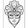 A black and white illustration of a masked face featuring intricate designs, including decorative leaves and patterns around the head and mask, emphasizing a theatrical appearance.