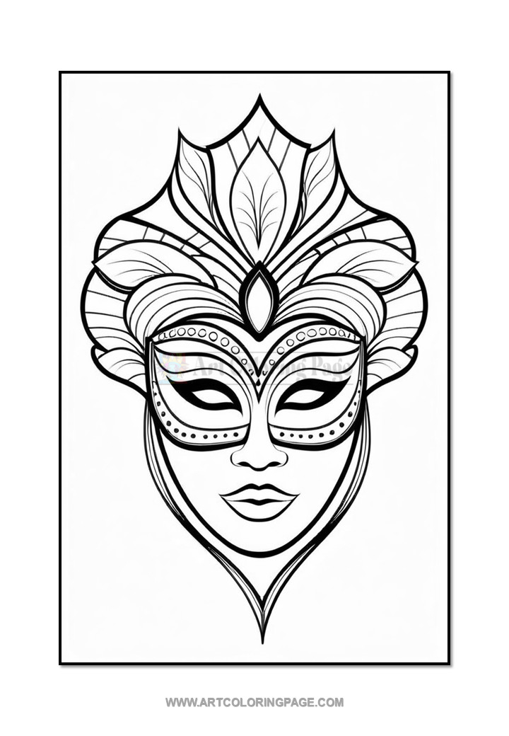 A black and white illustration of a masked face featuring intricate designs, including decorative leaves and patterns around the head and mask, emphasizing a theatrical appearance.
