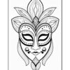 A detailed black and white illustration of a decorative mask, featuring ornate designs, closed eyes, and floral elements at the top.