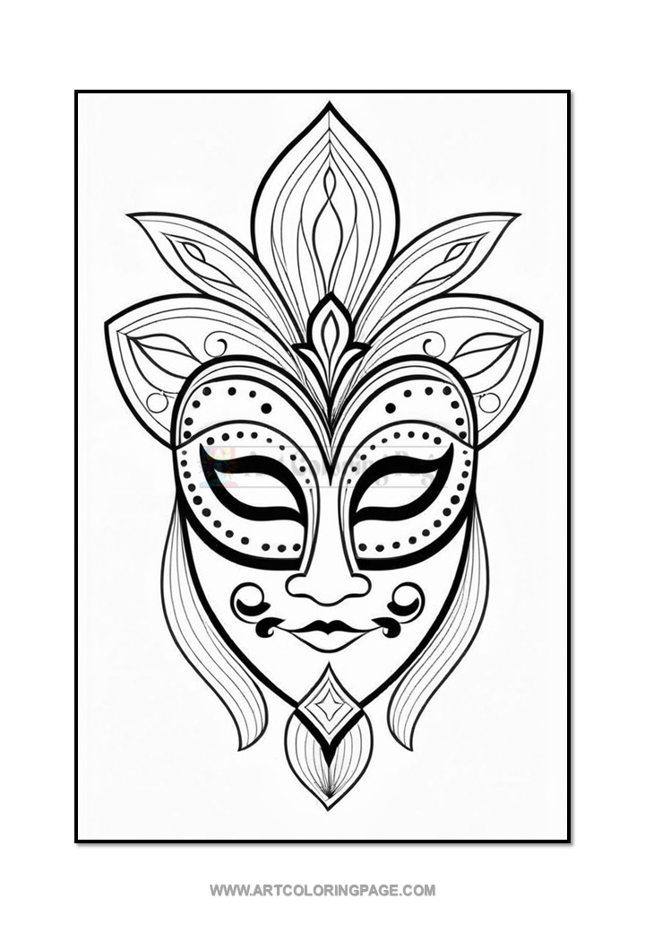 A detailed black and white illustration of a decorative mask, featuring ornate designs, closed eyes, and floral elements at the top.