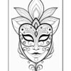 A detailed black and white illustration of a decorative mask, featuring floral elements at the top and intricate line designs on the face, including dots and swirls.