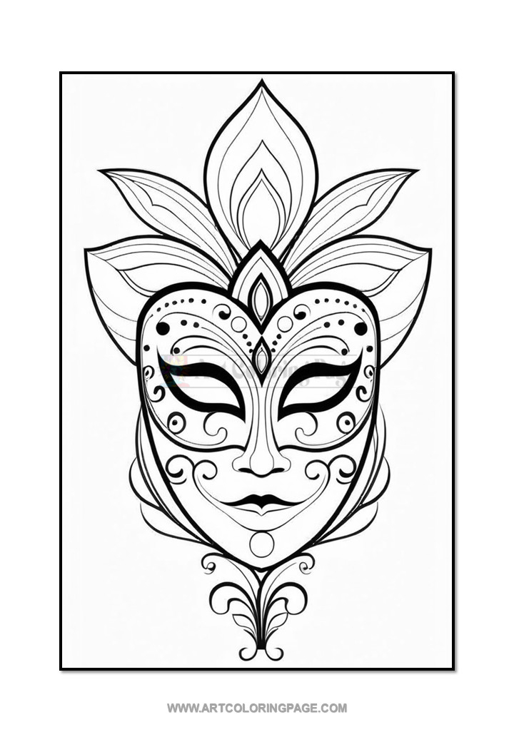 A detailed black and white illustration of a decorative mask, featuring floral elements at the top and intricate line designs on the face, including dots and swirls.