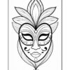 A detailed black and white illustration of a stylized mask featuring a heart-shaped face, intricate floral designs above, and swirling patterns around the eyes and mouth, set against a plain background.