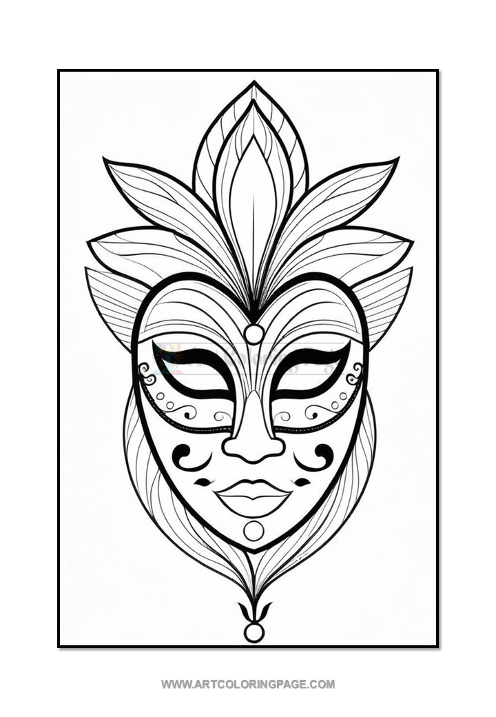 A detailed black and white illustration of a stylized mask featuring a heart-shaped face, intricate floral designs above, and swirling patterns around the eyes and mouth, set against a plain background.