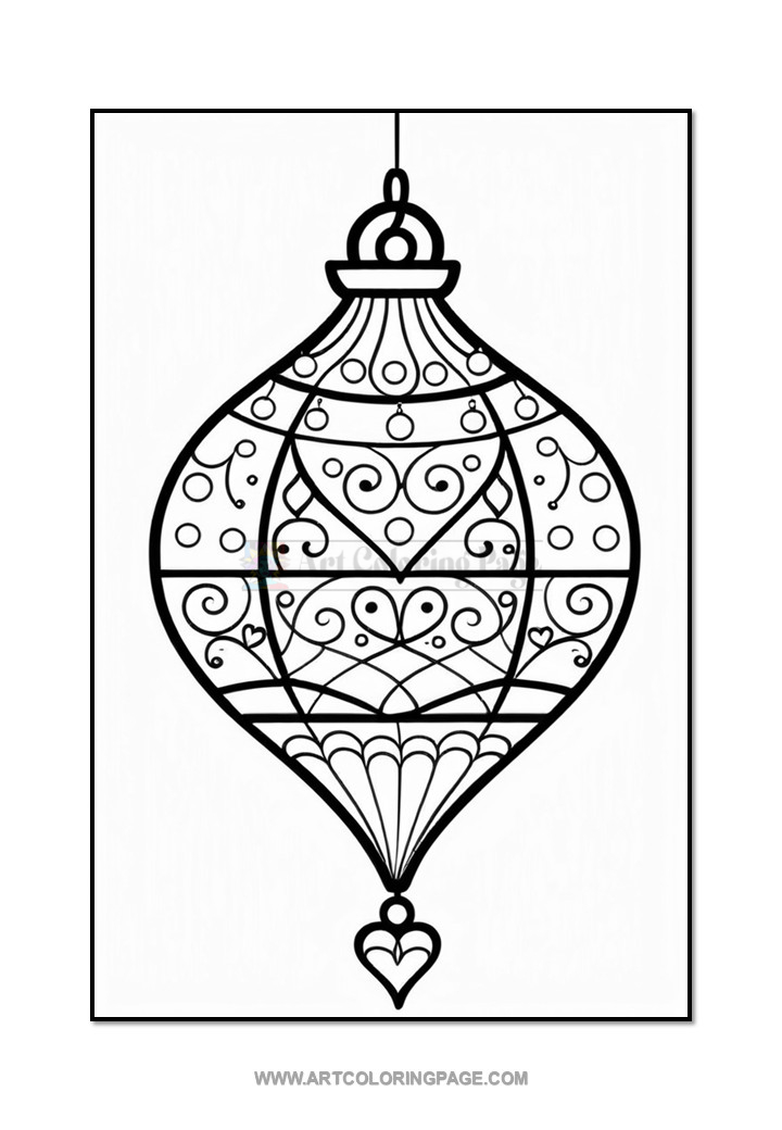 A decorative black and white illustration of a hanging lantern, featuring intricate swirls, dots, and heart shapes, with a teardrop pendant at the bottom.