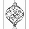A stylized black line drawing of a decorative hanging ornament, featuring intricate swirling patterns and a rounded base, set against a white background.