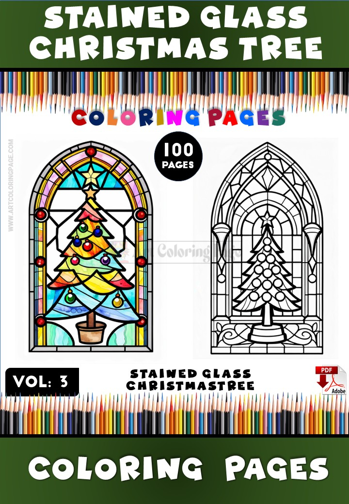 Stained Glass Christmas Tree Coloring Sheets Vol. 3 – 100 Festive Designs 1