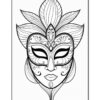 A detailed black and white illustration of a decorative mask with intricate floral patterns and facial features, set against a blank background.