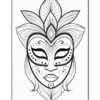 A detailed line drawing of a stylized mask featuring intricate patterns, floral elements at the top, and a symmetrical design with closed eyes, a small mouth, and decorative lines and dots.