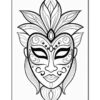 A stylized black and white illustration of a face with decorative patterns, including floral elements, swirls, and a symmetrical design, resembling a mask or tribal art.