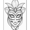 A decorative mask design featuring intricate patterns, including floral elements and stylized facial features, presented in black line art on a white background.