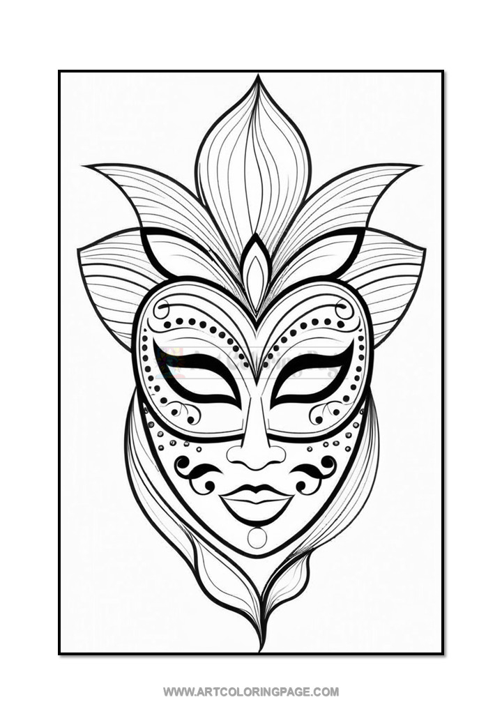 A decorative mask design featuring intricate patterns, including floral elements and stylized facial features, presented in black line art on a white background.