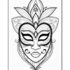 A detailed black and white illustration of a decorative mask, featuring intricate floral patterns and swirls, with stylized facial features and patterns around the eyes and mouth, set against a plain white background.