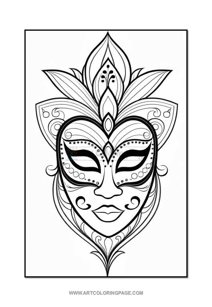 A detailed black and white illustration of a decorative mask, featuring intricate floral patterns and swirls, with stylized facial features and patterns around the eyes and mouth, set against a plain white background.