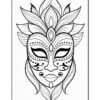 A detailed line drawing of a face mask with intricate patterns, surrounded by stylized leaves, featuring almond-shaped eyes and decorative elements like dots and swirls, suitable for coloring.