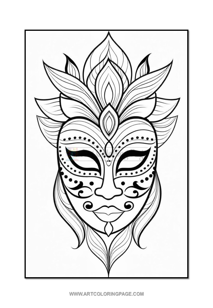 A detailed line drawing of a face mask with intricate patterns, surrounded by stylized leaves, featuring almond-shaped eyes and decorative elements like dots and swirls, suitable for coloring.