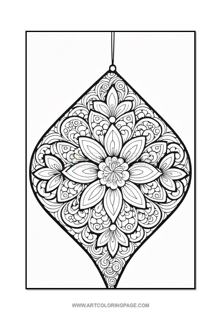 A black and white ornate mandala design shaped like a diamond, featuring intricate floral patterns and abstract shapes, suitable for coloring.