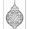 A black and white outline drawing of an ornate lantern featuring intricate floral patterns and designs, hanging from a small chain.