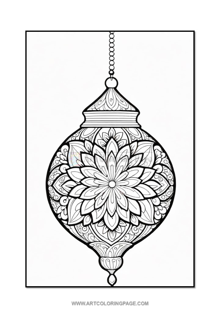 A black and white outline drawing of an ornate lantern featuring intricate floral patterns and designs, hanging from a small chain.