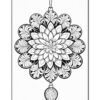 An intricate black and white mandala design featuring a circular floral pattern with layered petals and a decorative hanging element at the bottom, suitable for coloring.