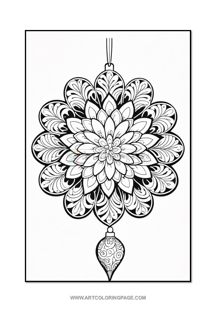 An intricate black and white mandala design featuring a circular floral pattern with layered petals and a decorative hanging element at the bottom, suitable for coloring.