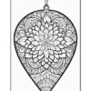 A detailed black and white coloring page featuring an ornate teardrop shape ornament with intricate floral and swirling designs throughout.