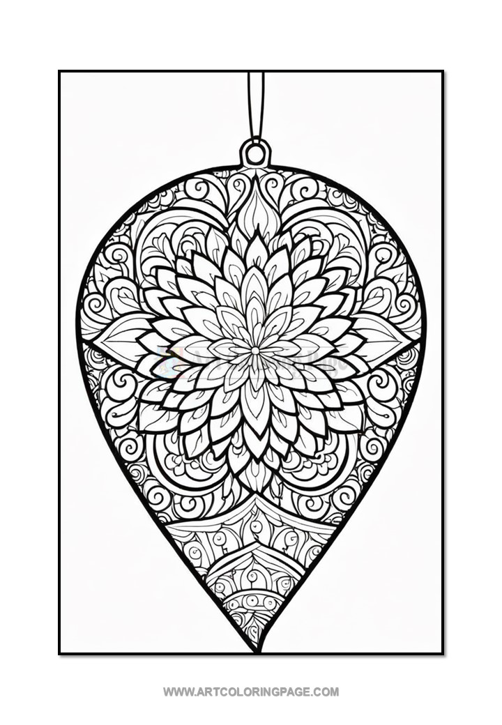 A detailed black and white coloring page featuring an ornate teardrop shape ornament with intricate floral and swirling designs throughout.