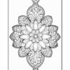 A detailed line drawing of a symmetrical floral mandala design with intricate petals and patterns, set against a blank background.