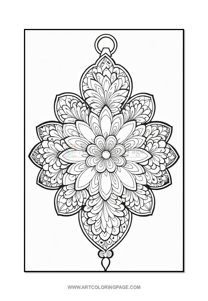 A detailed line drawing of a symmetrical floral mandala design with intricate petals and patterns, set against a blank background.