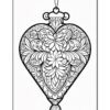 A detailed black and white illustration of an ornate heart-shaped ornament featuring intricate floral and swirling patterns.