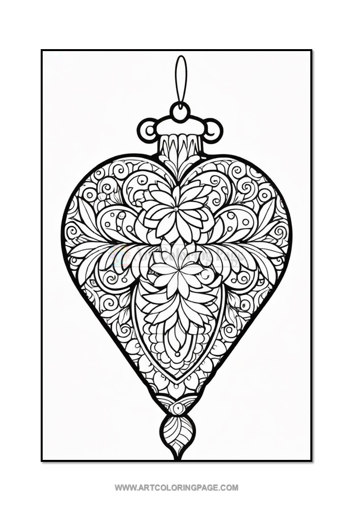 A detailed black and white illustration of an ornate heart-shaped ornament featuring intricate floral and swirling patterns.