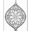 A black-and-white line drawing of an ornate Christmas ornament featuring intricate floral patterns and designs, suspended by a thin hanger from the top.