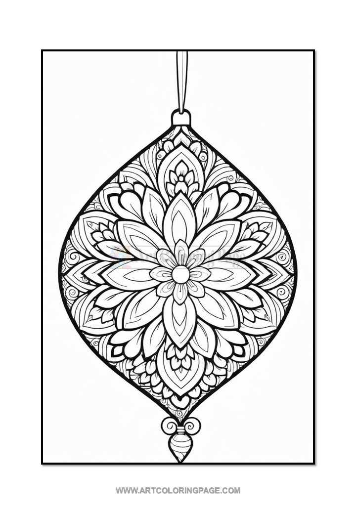 A black-and-white line drawing of an ornate Christmas ornament featuring intricate floral patterns and designs, suspended by a thin hanger from the top.