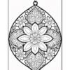 A detailed black and white mandala design featuring a central flower surrounded by intricate floral patterns and ornate shapes, enclosed in an oval form with decorative elements throughout.