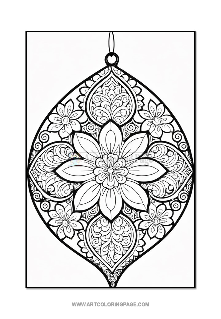 A detailed black and white mandala design featuring a central flower surrounded by intricate floral patterns and ornate shapes, enclosed in an oval form with decorative elements throughout.