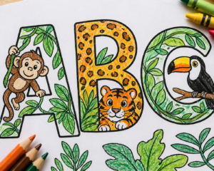Educational themed coloring book abc with jungle patterns image 2