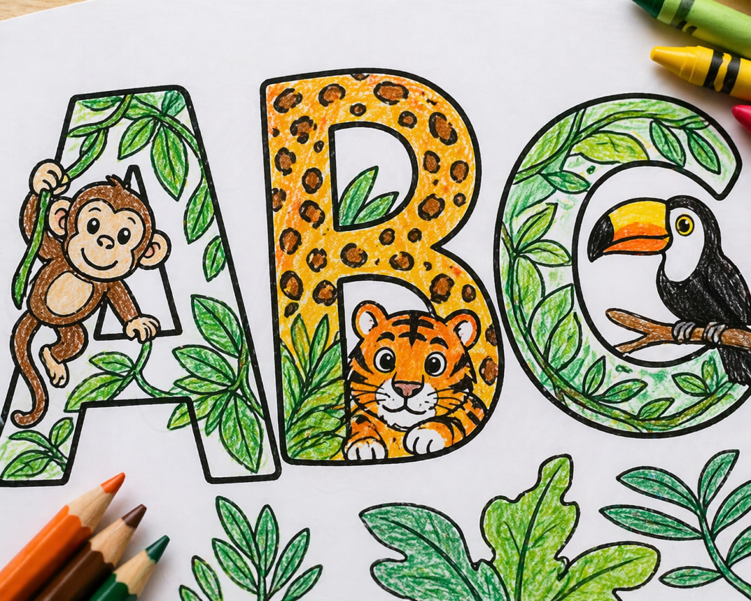 Educational themed coloring book abc with jungle patterns image 2